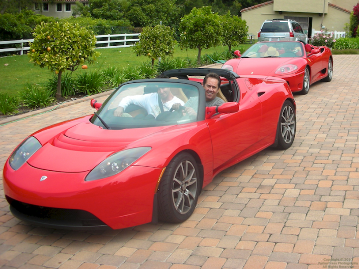 Jeff and Jim in the Tesla, Charlie in the Ferrari